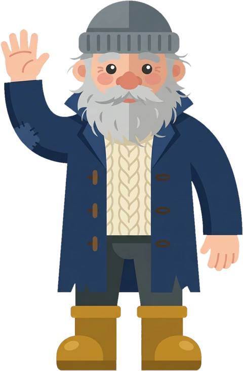 The Gansey fisherman, waving